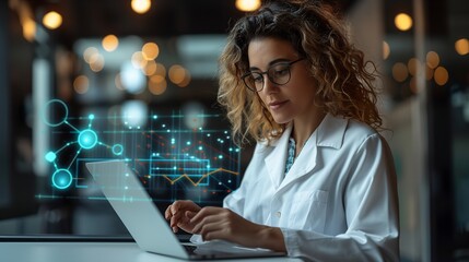 A young woman in a lab coat sits at a desk typing on a laptop. Abstract data visualizations are projected behind her, suggesting a tech-related or scientific setting