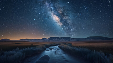 At night, black grass, streams, black mountains in the distance, the background is stars, the Milky Way. Generative AI.