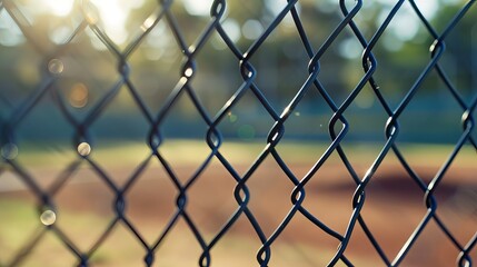 Closeup of black chain link fence at baseball field, blurred background with home plate and ball path visible through the mesh
