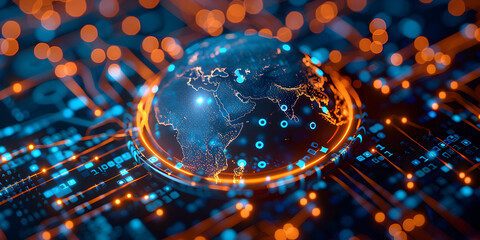 Wall Mural - Earth globe with Saudi Arabia map, telecommunication and data transfer networks with global internet and artificial intelligence connectivity for communication technology