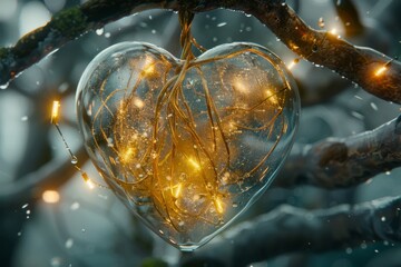 Canvas Print - Glass heart ornament hanging from tree branch, with golden light accentuating its beauty, perfect for enchanting stock photography 