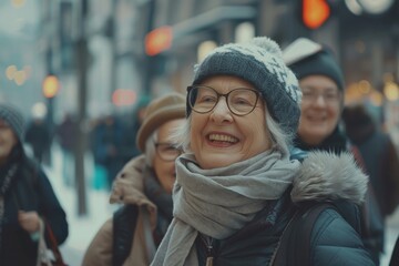 Wall Mural - Happy senior woman walking in the city street. Portrait of a beautiful mature woman in a hat and glasses.