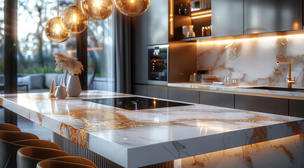 Marble dining table with white and gold veins, long shape, natural stone countertop, modern kitchen interior design. Generative AI.