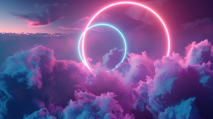 Wall Mural - A glowing, neon blue and pink cloud with a large circle in the middle