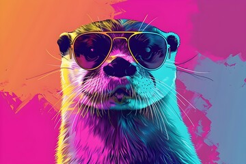 A Surreal of a Colorful Cartoon Otter Wearing Sunglasses on a Vibrant Background