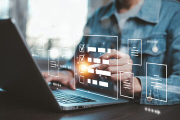 Checklist and clipboard task documentation management Online survey, form checklist by laptop computer, Document Management Checking System, online documentation database and process manage files.