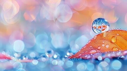  A drop of water atop a leaf against a blurred backdrop of blues, pinks, and oranges, adorned with additional water droplets on the foliage