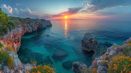 Wall Mural - Colorful sunset over ocean. Sunset on the beach.