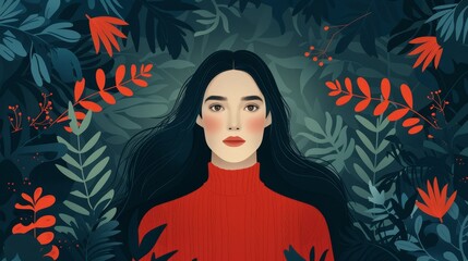 Woman in red sweater amongst tropical plants and blue-dark backdrop, adorned with red and green leaves on lateral edges