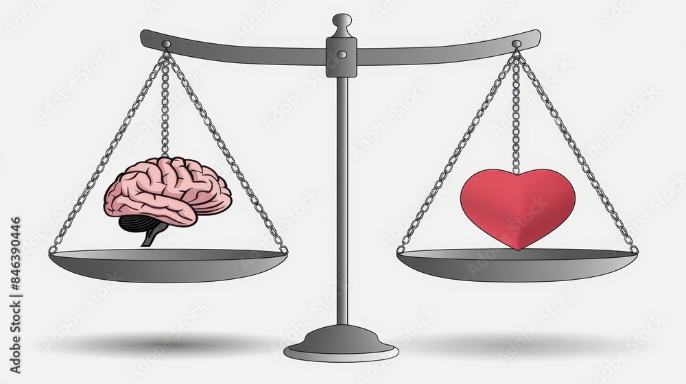 Illustration of a balance scale comparing a brain and heart ...