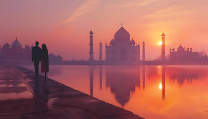 Indian Realistic Couple enjoying a sunrise at the Taj Mahal symbolizing their eternal love ar7 4 Generative AI