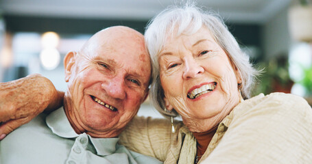 Wall Mural - Senior couple, portrait and hug for love in home, together and commitment to marriage or affection. Elderly people, embrace and care for relationship connection, security and support or trust on sofa