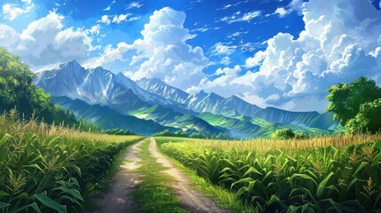 Wall Mural - Picturesque scenery combining the sky mountains and cornfield in a peaceful natural setting