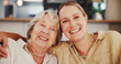 © peopleimages.com - Portrait, sofa and mature mother with daughter happy together for bonding, relationship and love. Family, home and senior mom with woman in living room for conversation, talking and relax on weekend