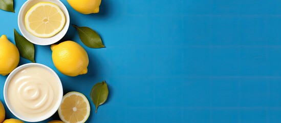 A top view copy space image of lemon curd served with sweet cream positioned near lemons and a juicer on a blue background perfect for desserts