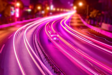 Canvas Print - Neon pink light trails on a city street at night, creating a dynamic and energetic urban scene 