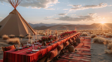 Wall Mural - A long dinner table in the desert. Red wild flower arrangements. red fabric cover. Luxury Evening dinner. Glamping. Generative AI.