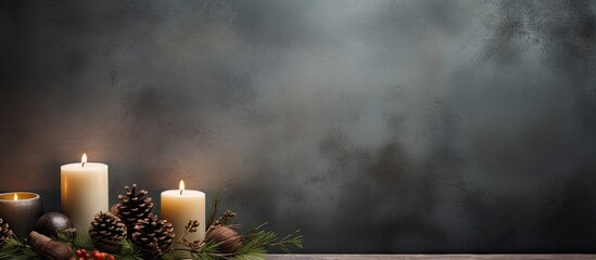 Wall Mural - A copy space image featuring a grey background adorned with burning candles fir tree branches pine cones and hazelnuts