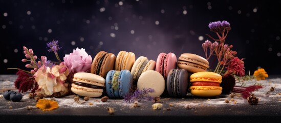 A copy space image featuring French macaroons adorned with dried flowers as the background