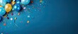 © StockKing - A festive blue table decorated with colorful balloons and confetti creates a vibrant background for a party The flat lay style of the image leaves ample copy space for text making it perfect for a bi