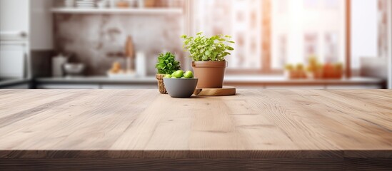 A kitchen with a table top and a blurred background providing ample copy space for images