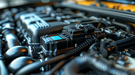 Poster - Two black gadgets and a blue card in the box on top of the engine compartment, car engine. Generative AI.