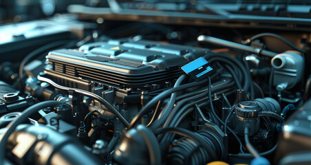 Poster - Two black gadgets and a blue card in the box on top of the engine compartment, car engine. Generative AI.