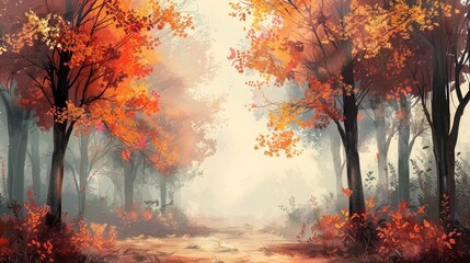 Wall Mural - misty morning autumn forest scene