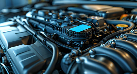 Poster - Two black gadgets and a blue card in the box on top of the engine compartment, car engine. Generative AI.