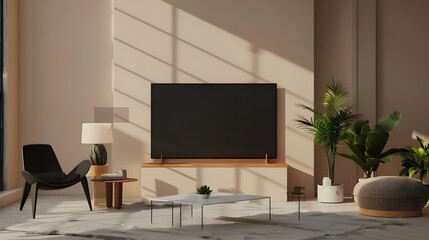 Wall Mural - tv screen mockup in living room, 3d rendering