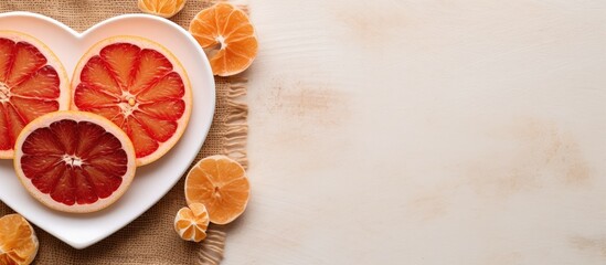 A heart shaped white plate is displayed on a cardboard background adorned with dried sliced grapefruits. copy space available
