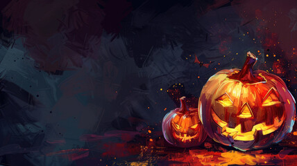 Wall Mural - Artistic illustration of Halloween pumpkins with glowing faces on a dark, spooky background.