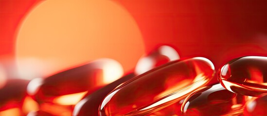 A close up of fish oil capsules on a red background with a slightly blurred surrounding that conveys a health related concept Ideal for a copy space image