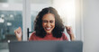 © peopleimages.com - Woman, excited and celebration for ideas, solution and decision for business, workplace and office. Female person, cheerful and web designer for achievement, opportunity or promotion for success