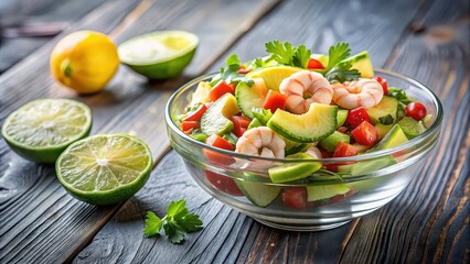 Sticker - Fresh shrimp avocado salad with lime garnish in glass bowl, shrimp, avocado, salad, lime, garnish, fresh, healthy, delicious, seafood, appetizer, nutritious, bowl, glass, meal, lunch, dinner