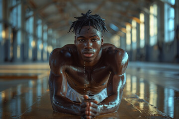 Canvas Print - A man cooling down with stretches after a workout. Concept of recovery and flexibility. Generative Ai.