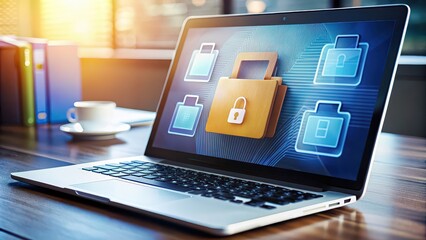 Wall Mural - A close-up image of a business login file folder on a laptop screen with cybersecurity technology icons, security, document, business, login, file folder, management, cybersecurity