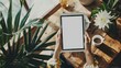 © PSCL RDL - Top view mockup image of a woman holding digital tablet with blank white desktop screen in cafe