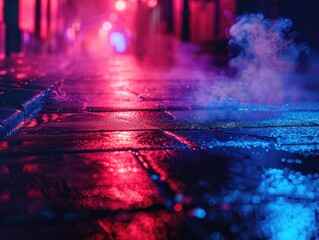 Wall Mural - A blurry image of a wet street with a blue and red tint