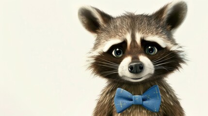 Sticker - An adorable cartoon raccoon sporting a stylish blue bow tie stands out against a crisp white backdrop