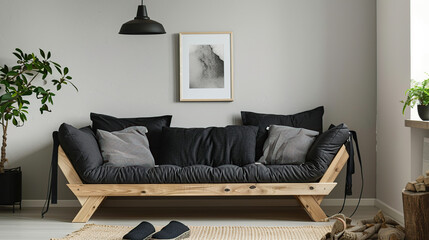 Wall Mural - Wooden sofa with dark pillows in scandi style living room. Generative Ai