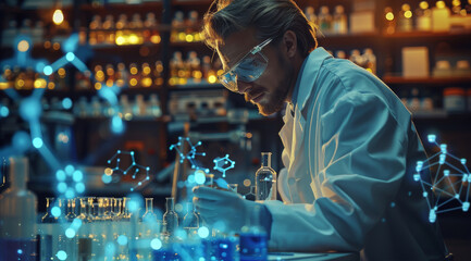 Aufkleber - A scientist in a white coat is working with blue liquid and test tubes on a table, with a science theme background, and a chemical structure diagram behind them. Generative AI.