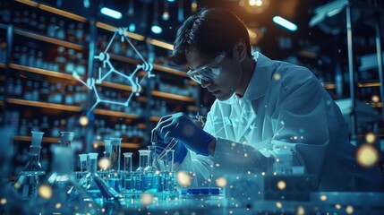 Poster - A scientist in a white coat is working with blue liquid and test tubes on a table, with a science theme background, and a chemical structure diagram behind them. Generative AI.