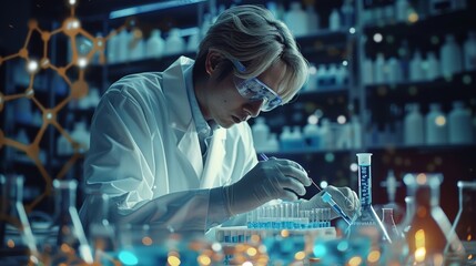 Aufkleber - A scientist in a white coat is working with blue liquid and test tubes on a table, with a science theme background, and a chemical structure diagram behind them. Generative AI.
