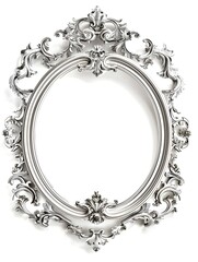 Silver ornate decoration. Old ornamented rectangle picture frame. Classic silver frame on white background isolated with empty space