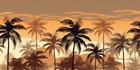 Wall Mural - Vintage retro watercolor dra paint palm trees decoration background. Nature outdoor vacation tropical vibe scene