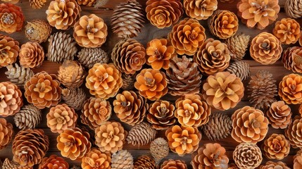  A group of pine cones atop a wooden table, layered with various types of pine cones