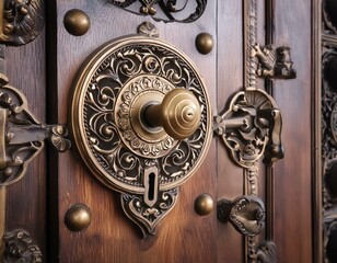 Wall Mural - Close-up of an antique wooden door with an ornate brass lock and keyhole, intricate details, isolated background, studio lighting