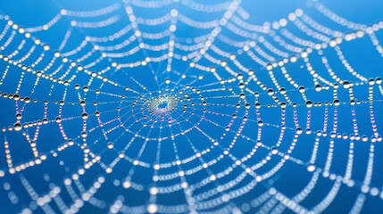  A tight shot of a spider web, dewdrops glistening at its heart, against a backdrop of azure sky