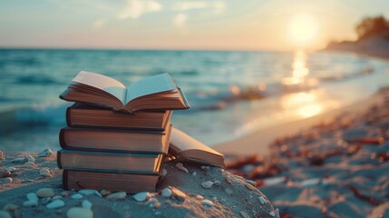 Wall Mural - Warm morning light on a beach, stack of vintage books with an open book at the forefront, peaceful and inviting atmosphere